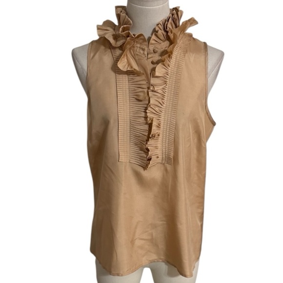J.‎ CREW 10% Silk Tan Gold Ruffled Sleeveless Top Business Party Work Size 4 - Picture 1 of 9